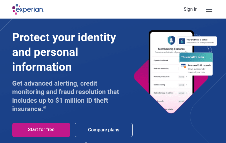 Experian identity protection dashboard with credit monitoring features