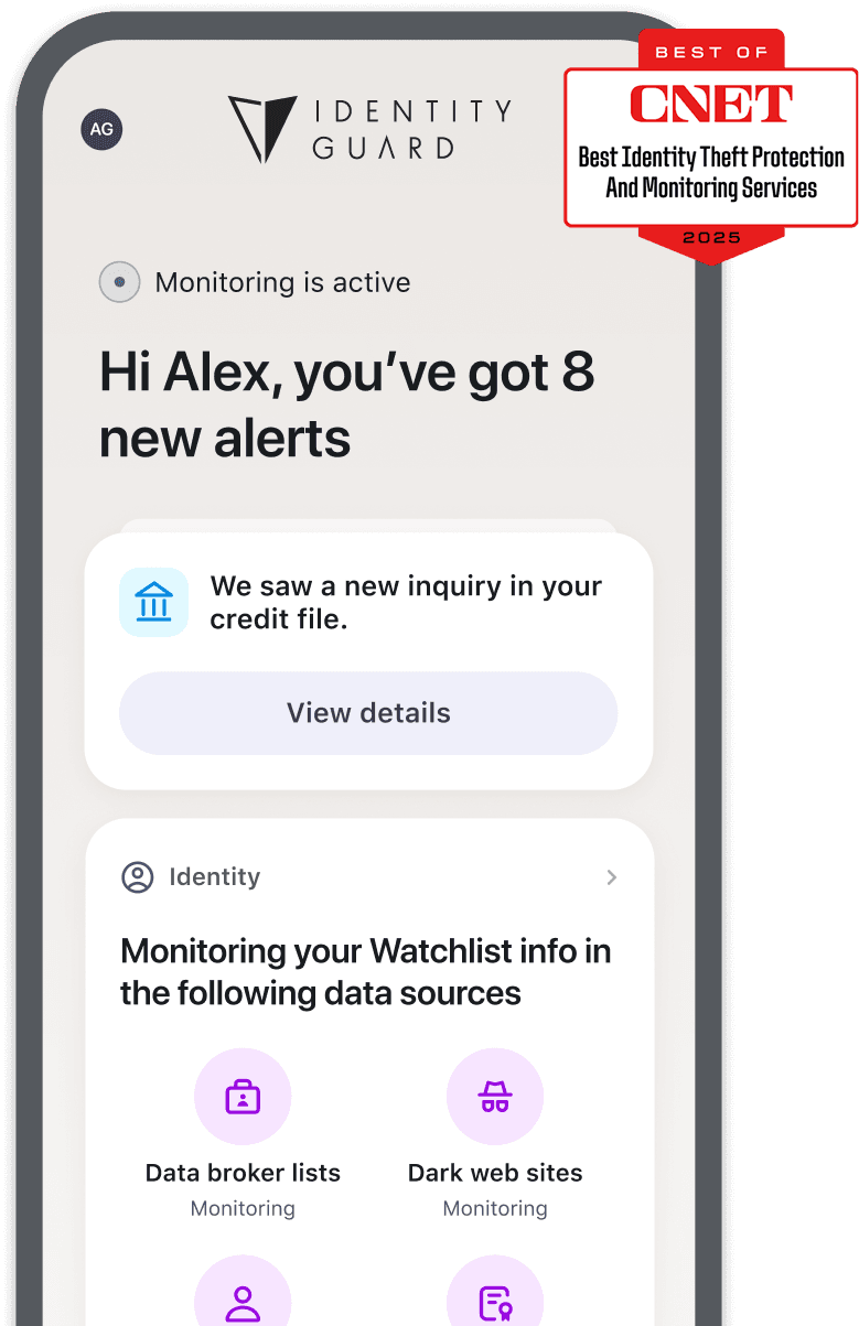 Identity Guard app showing active monitoring and alerts